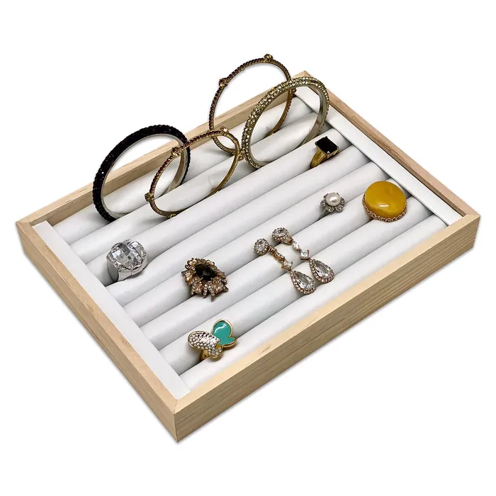 Rings JPIDisplay 9 12 x 7 Wood White Leatherette 8 Roll Ring Display Tray