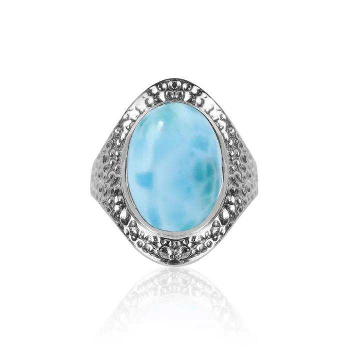 Rings YoTreasure 12x16 MM Larimar 925 Sterling Silver Hammered Bold Ring