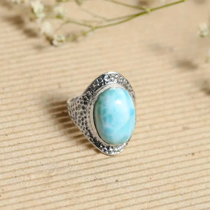 Rings YoTreasure 12x16 MM Larimar 925 Sterling Silver Hammered Bold Ring