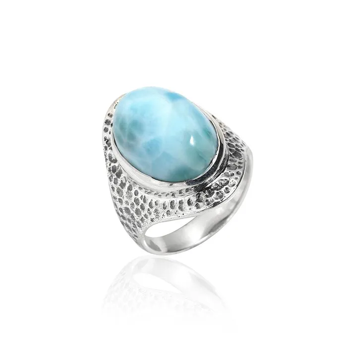 Rings YoTreasure 12x16 MM Larimar 925 Sterling Silver Hammered Bold Ring