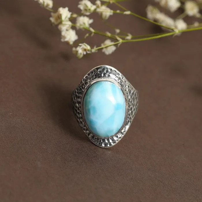 Rings YoTreasure 12x16 MM Larimar 925 Sterling Silver Hammered Bold Ring