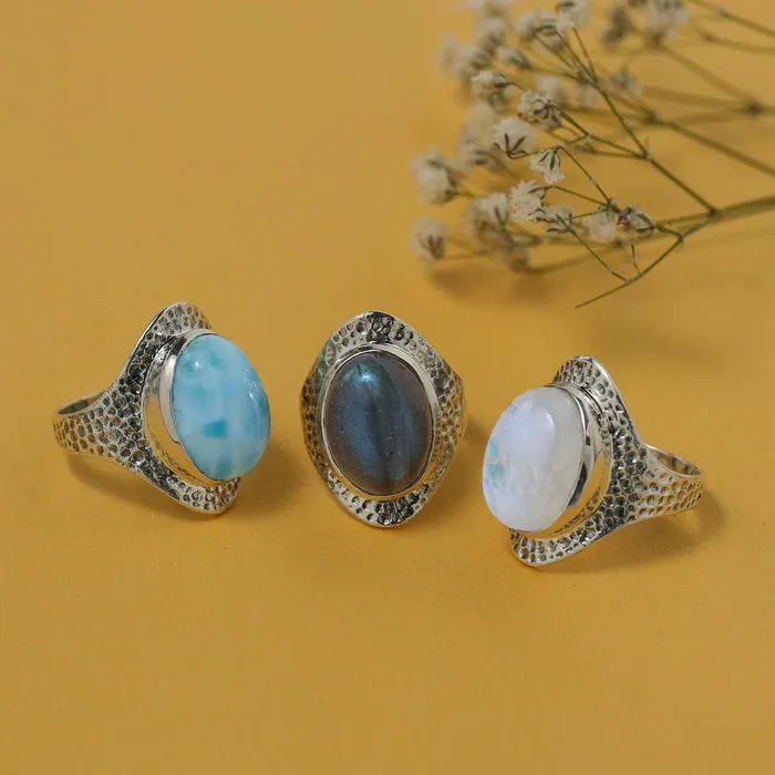 Rings YoTreasure 12x16 MM Larimar 925 Sterling Silver Hammered Bold Ring