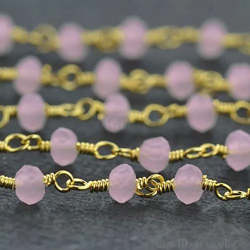 Rose Quartz Gold Plated Beaded Wire Wrapped Rosary Chain GemMartUSA Necklaces