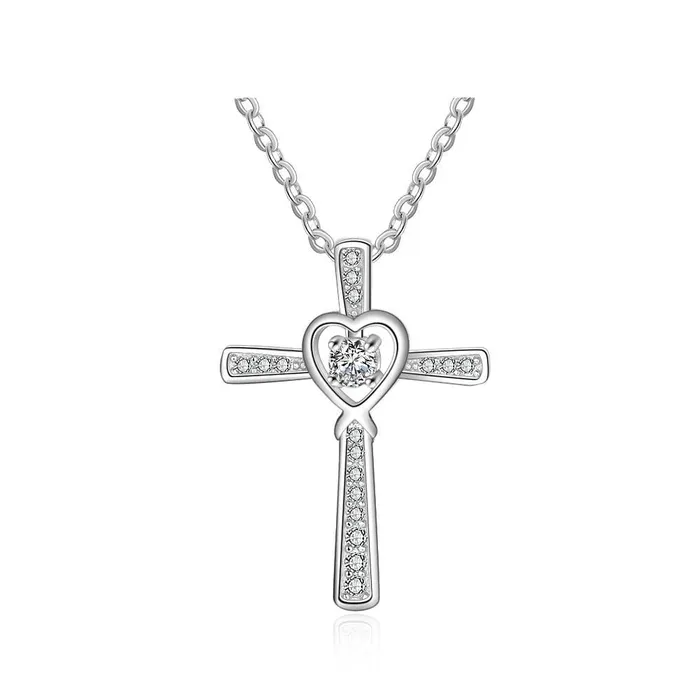 Women 925 Sterling Silver Necklace with CZ Stone Cross Heart Pendant Wedding Jewelry Necklace Personalized Jewel Necklaces