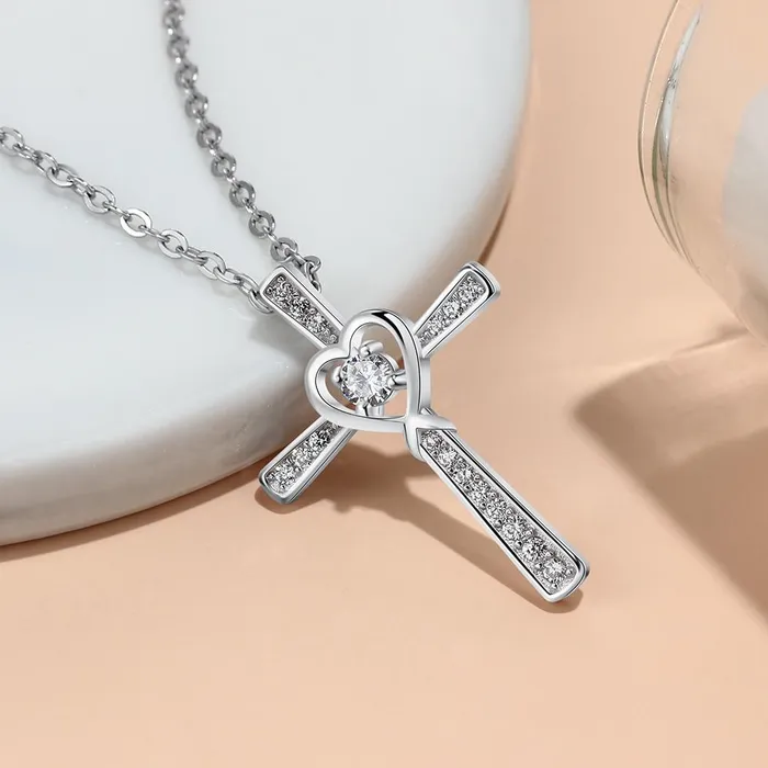 Women 925 Sterling Silver Necklace with CZ Stone Cross Heart Pendant Wedding Jewelry Necklace Personalized Jewel Necklaces