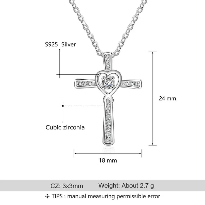 Women 925 Sterling Silver Necklace with CZ Stone Cross Heart Pendant Wedding Jewelry Necklace Personalized Jewel Necklaces