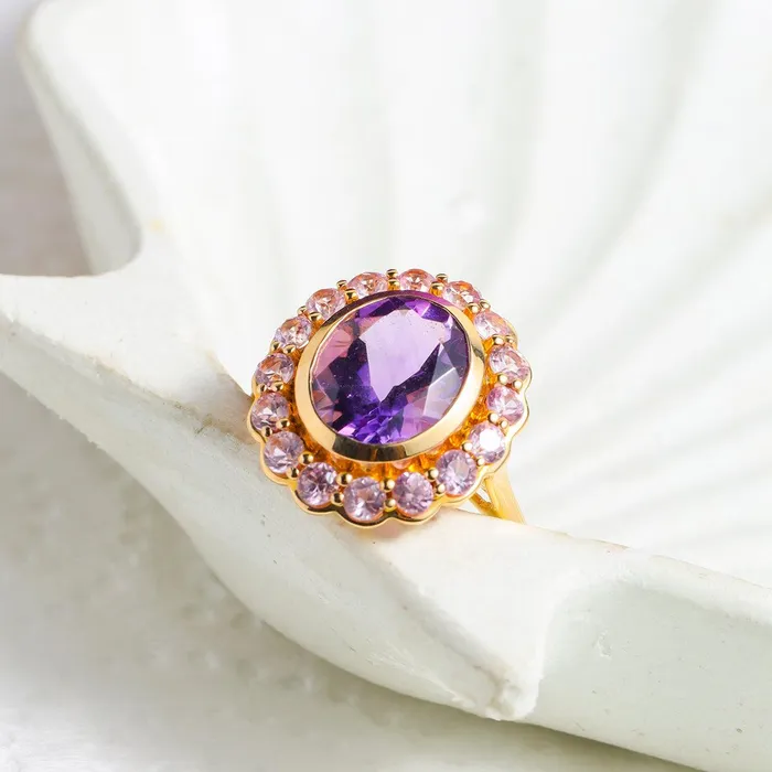 YoTreasure 382 Ct Purple Amethyst Pink Sapphire Cluster Ring 14K Yellow Gold Jewelry Rings YoTreasure 382 Ct Purple Amethyst Pink Sapphire Cluster Ring 14K Yellow Gold Jewelry Rings