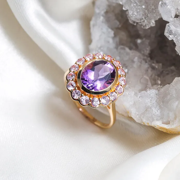 YoTreasure 382 Ct Purple Amethyst Pink Sapphire Cluster Ring 14K Yellow Gold Jewelry Rings YoTreasure 382 Ct Purple Amethyst Pink Sapphire Cluster Ring 14K Yellow Gold Jewelry Rings