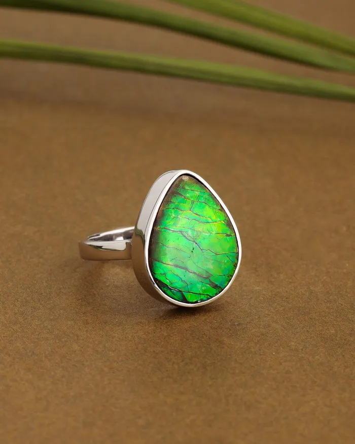 YoTreasure Rings 895 Ct Ammolite Ring Solid 925 Sterling Silver Gemstone Jewelry