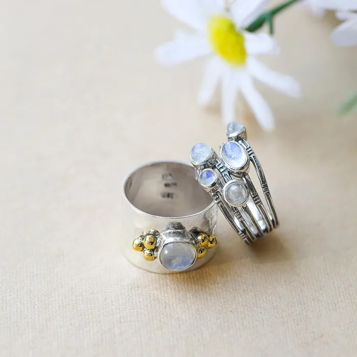YoTreasure Rings Moonstone Solid 925 Sterling Silver Antique Ring