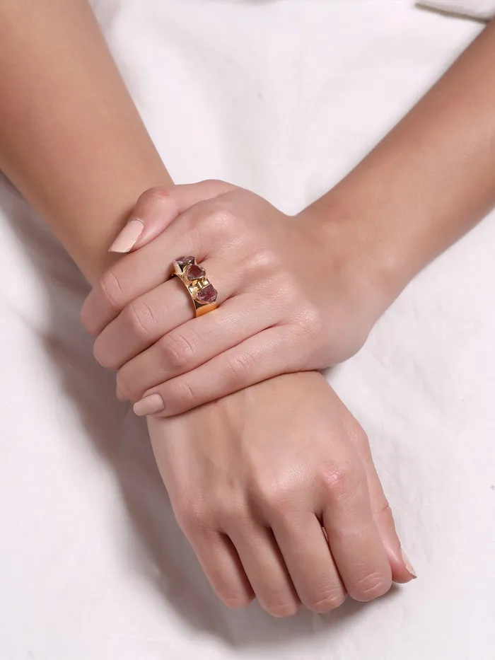 YoTreasure Rings Rough Pink Tourmaline Solid 925 Sterling Silver Gold Plated Ring Jewelry YoTreasure Rings Rough Pink Tourmaline Solid 925 Sterling Silver Gold Plated Ring Jewelry