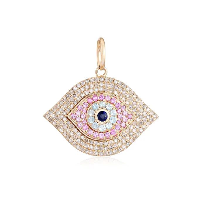 14K Gold Micro Pave Diamond Gemstones Evil Eye Necklace Charm Izakov Diamonds Fine Jewelry Necklaces 14K Gold Micro Pave Diamond Gemstones Evil Eye Necklace Charm Izakov Diamonds Fine Jewelry Necklaces