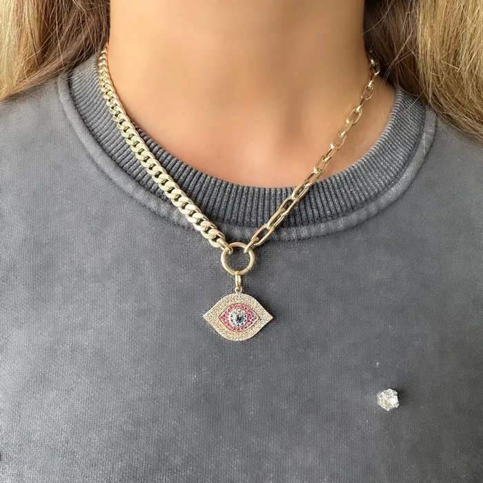 14K Gold Micro Pave Diamond Gemstones Evil Eye Necklace Charm Izakov Diamonds Fine Jewelry Necklaces