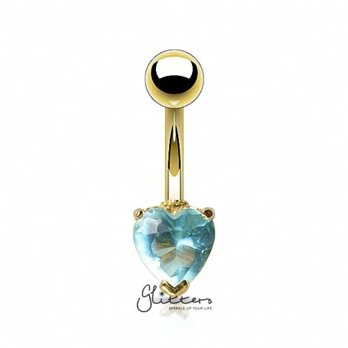 18K Gold Ion Plated Aqua Heart CZ Prong Set Belly Button Ring Glitters Rings