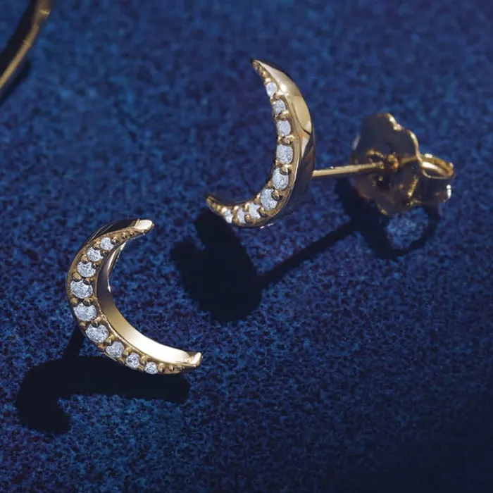 302 Fine Jewelry Earrings Crescent Moon Natural Diamond Celestial Earrings Pair or Single Solid 14K Yellow Rose White Gold Platinum Silver