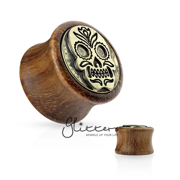 Antique Gold Plated Skull Shield Front Organic Sono Wood Saddle Plug Glitters Rings Antique Gold Plated Skull Shield Front Organic Sono Wood Saddle Plug Glitters Rings