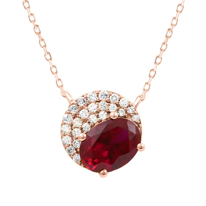 AV Necklaces LADIES PENDANT WITH CHAIN 155CT ROUNDOVALRUBY DIAMOND 14K ROSE GOLD CENTER STONE OVAL RUBY140CT