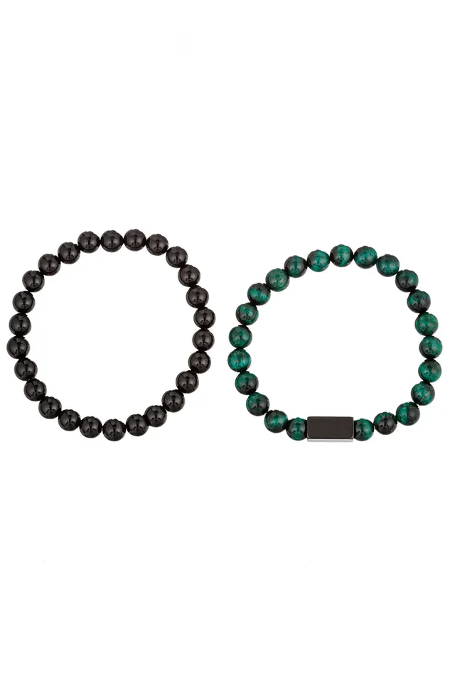 Bracelets Eye Candy LA Ben 2 Piece Green Tiger Eye Onyx Bracelet Set