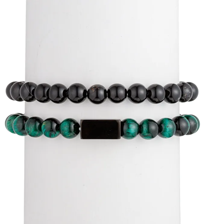 Bracelets Eye Candy LA Ben 2 Piece Green Tiger Eye Onyx Bracelet Set