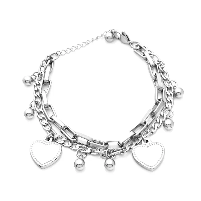 Bracelets Glitters Double Layered Womens Bracelet with Dangle Heart Charms Silver Bracelets Glitters Double Layered Womens Bracelet with Dangle Heart Charms Silver