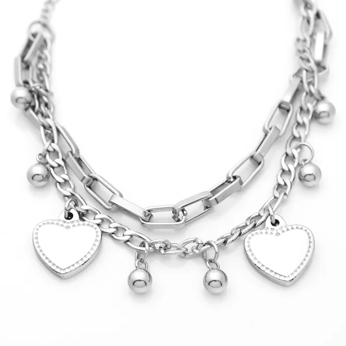 Bracelets Glitters Double Layered Womens Bracelet with Dangle Heart Charms Silver