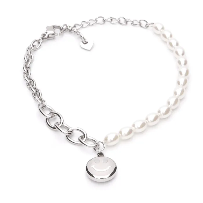 Bracelets Glitters Stainless Steel Womens Bracelet with Dangle Smiley Face Charm Silver Bracelets Glitters Stainless Steel Womens Bracelet with Dangle Smiley Face Charm Silver