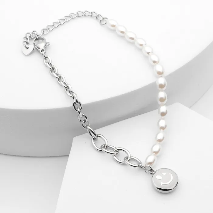 Bracelets Glitters Stainless Steel Womens Bracelet with Dangle Smiley Face Charm Silver Bracelets Glitters Stainless Steel Womens Bracelet with Dangle Smiley Face Charm Silver