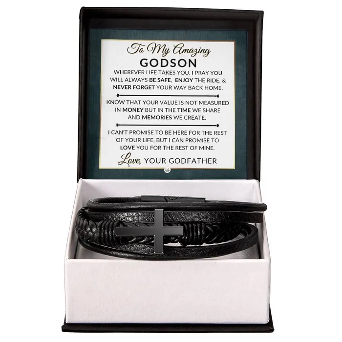 Bracelets ShineOn Fulfillment Gift For Godson From Godfather Never Forget Your Way Home Mens Braided Leather Bracelet with Cross Christmas Gift or A Birthday Present For Him Bracelets ShineOn Fulfillment Gift For Godson From Godfather Never Forget Your Way Home Mens Braided Leather Bracelet with Cross Christmas Gift or A Birthday Present For Him