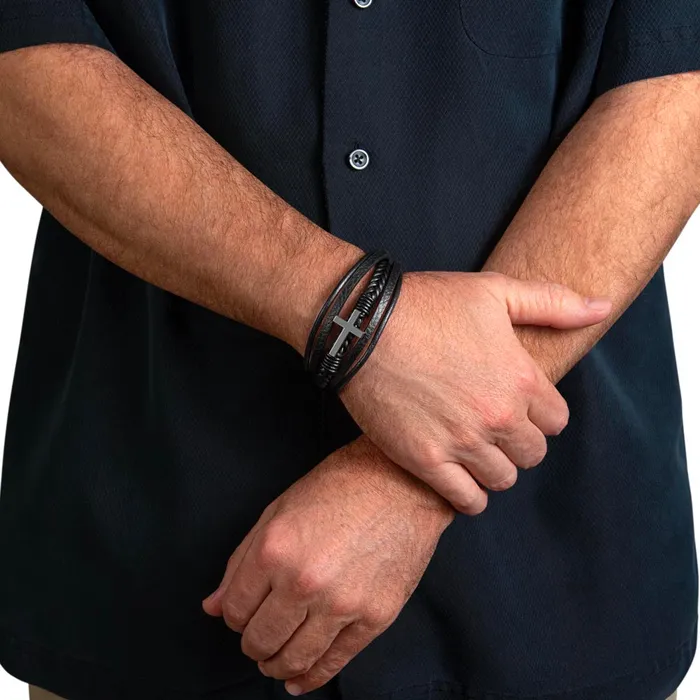 Bracelets ShineOn Fulfillment Gift For Godson From Godfather Never Forget Your Way Home Mens Braided Leather Bracelet with Cross Christmas Gift or A Birthday Present For Him