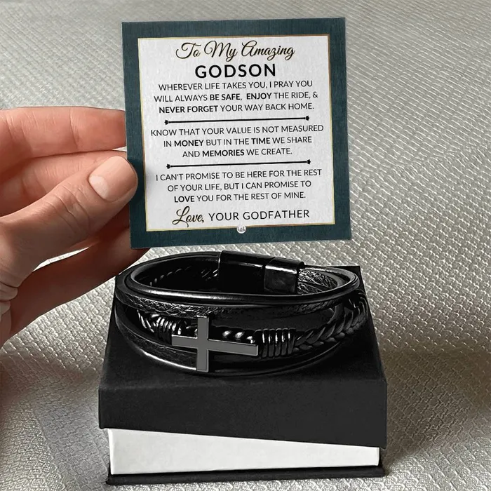 Bracelets ShineOn Fulfillment Gift For Godson From Godfather Never Forget Your Way Home Mens Braided Leather Bracelet with Cross Christmas Gift or A Birthday Present For Him