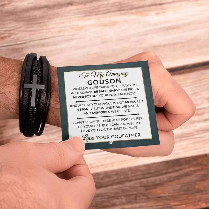 Bracelets ShineOn Fulfillment Gift For Godson From Godfather Never Forget Your Way Home Mens Braided Leather Bracelet with Cross Christmas Gift or A Birthday Present For Him
