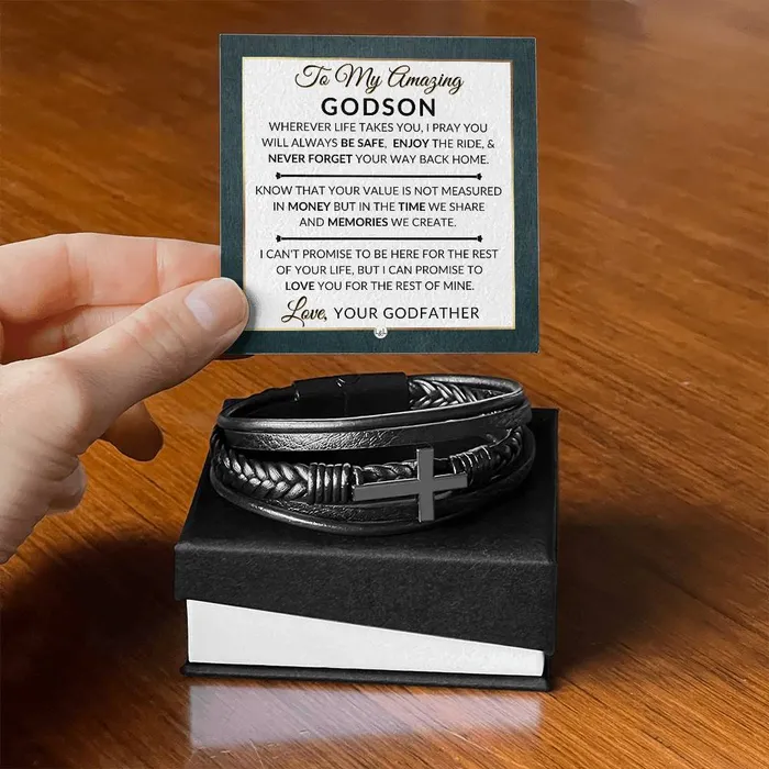 Bracelets ShineOn Fulfillment Gift For Godson From Godfather Never Forget Your Way Home Mens Braided Leather Bracelet with Cross Christmas Gift or A Birthday Present For Him