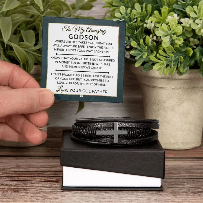 Bracelets ShineOn Fulfillment Gift For Godson From Godfather Never Forget Your Way Home Mens Braided Leather Bracelet with Cross Christmas Gift or A Birthday Present For Him