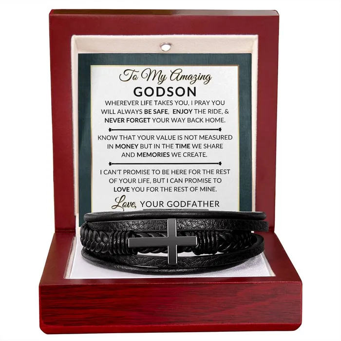 Bracelets ShineOn Fulfillment Gift For Godson From Godfather Never Forget Your Way Home Mens Braided Leather Bracelet with Cross Christmas Gift or A Birthday Present For Him