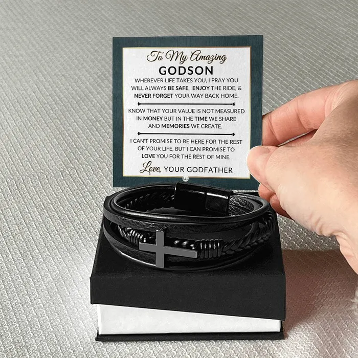 Bracelets ShineOn Fulfillment Gift For Godson From Godfather Never Forget Your Way Home Mens Braided Leather Bracelet with Cross Christmas Gift or A Birthday Present For Him