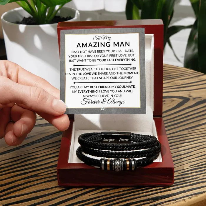 Bracelets ShineOn Fulfillment Gift For My Man My Best Friend My Soulmate My Everything Mens Braided Leather Bracelet Great As A Christmas Gift or A Birthday Present For Him