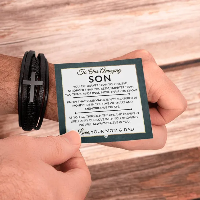 Bracelets ShineOn Fulfillment Gift For Our Son From Mom and Dad Carry Our Love With You Mens Braided Leather Bracelet with Cross Christmas Gift or A Birthday Present For Him