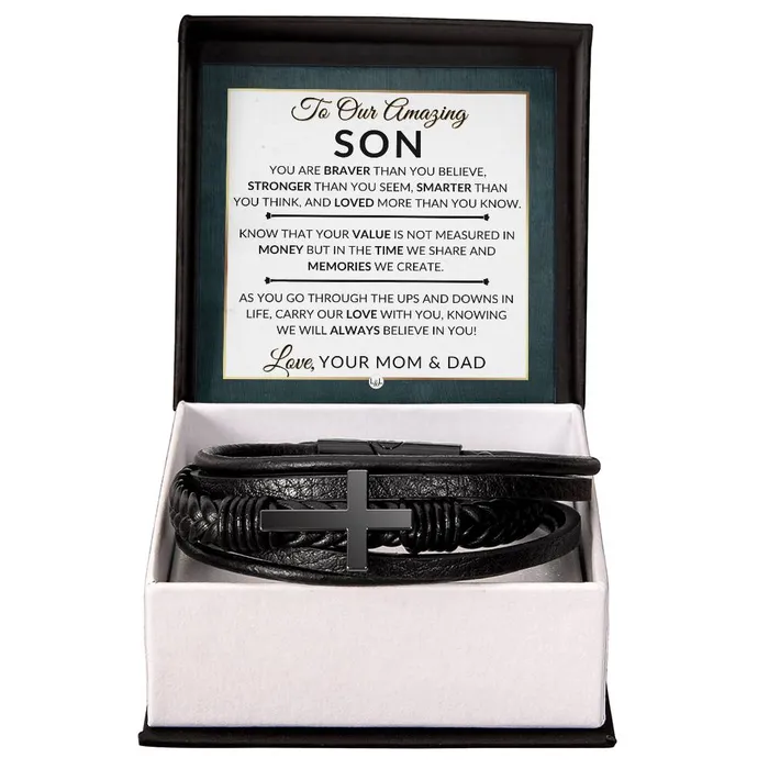 Bracelets ShineOn Fulfillment Gift For Our Son From Mom and Dad Carry Our Love With You Mens Braided Leather Bracelet with Cross Christmas Gift or A Birthday Present For Him