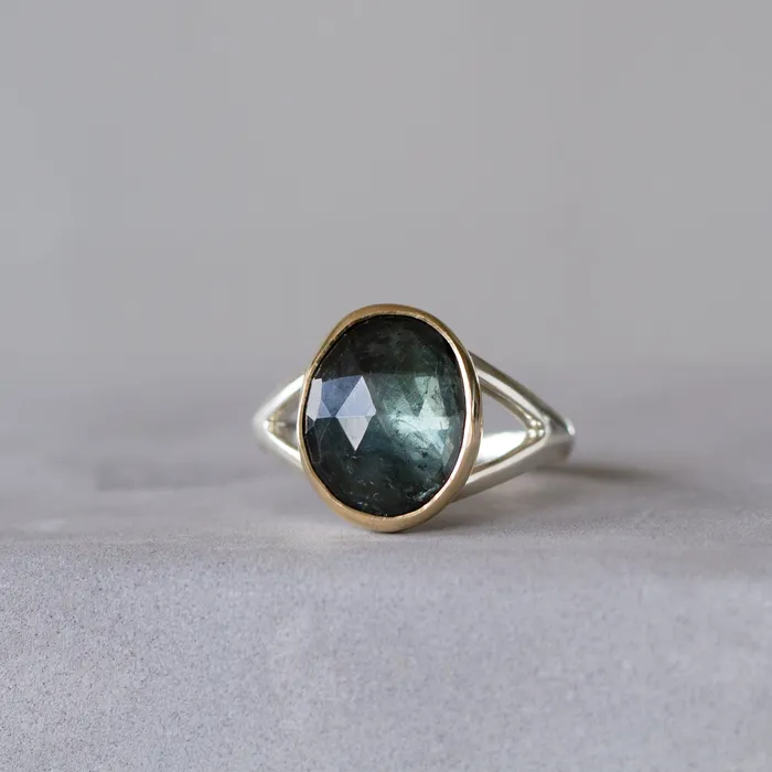 Corey Egan Blue Tourmaline Sterling Silver and 14K Yellow Gold Cleo Split Shank Ring Rings Corey Egan Blue Tourmaline Sterling Silver and 14K Yellow Gold Cleo Split Shank Ring Rings