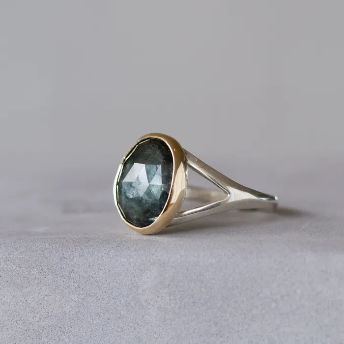 Corey Egan Blue Tourmaline Sterling Silver and 14K Yellow Gold Cleo Split Shank Ring Rings