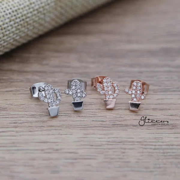 Cubic Zirconia Paved Cactus Stud Earrings with Sterling Silver Post Glitters Earrings Cubic Zirconia Paved Cactus Stud Earrings with Sterling Silver Post Glitters Earrings