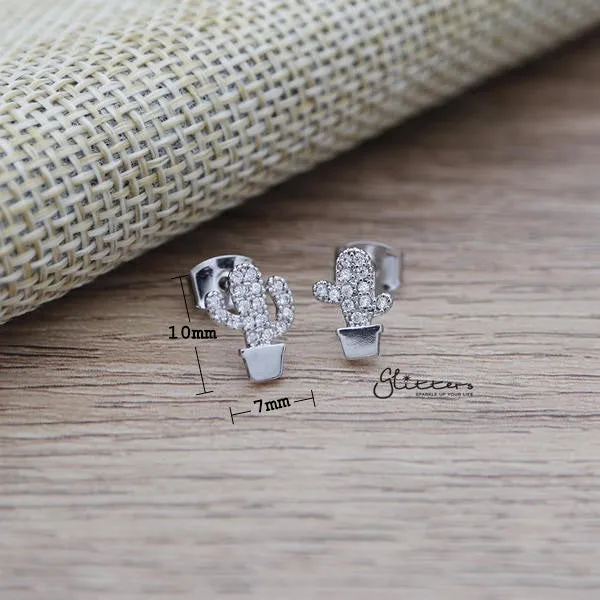 Cubic Zirconia Paved Cactus Stud Earrings with Sterling Silver Post Glitters Earrings
