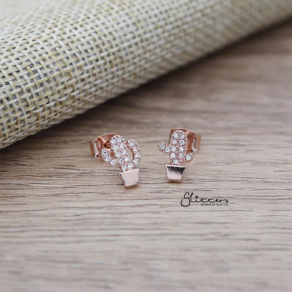 Cubic Zirconia Paved Cactus Stud Earrings with Sterling Silver Post Glitters Earrings