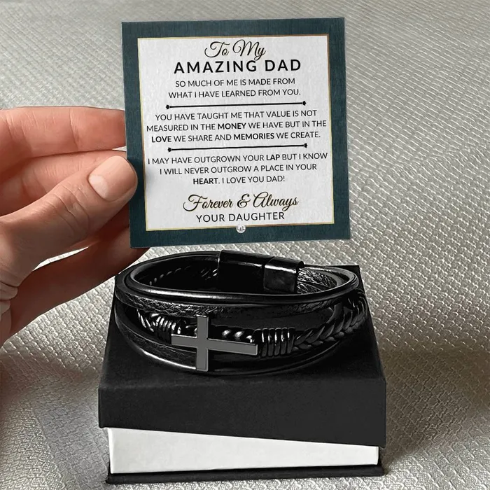 Dad Gift From Daughter A Place In Your Heart Mens Braided Leather Bracelet with Cross Christmas Gift or A Birthday Present For Him ShineOn Fulfillment Bracelets