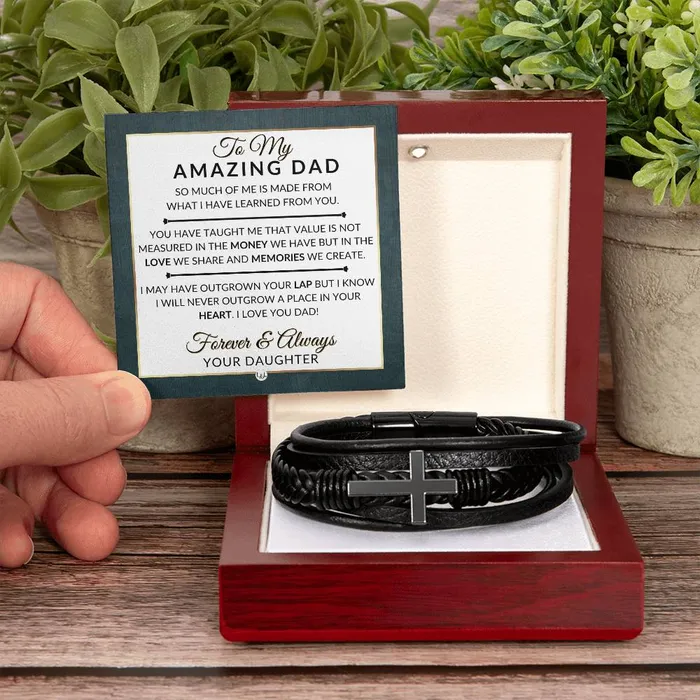 Dad Gift From Daughter A Place In Your Heart Mens Braided Leather Bracelet with Cross Christmas Gift or A Birthday Present For Him ShineOn Fulfillment Bracelets