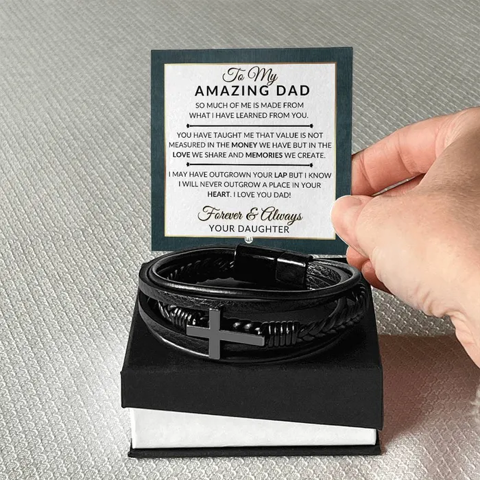 Dad Gift From Daughter A Place In Your Heart Mens Braided Leather Bracelet with Cross Christmas Gift or A Birthday Present For Him ShineOn Fulfillment Bracelets