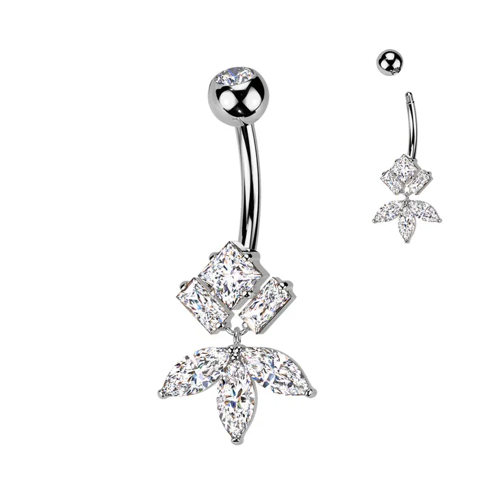 Diamond CZ And Marquise CZ Fan Dangle Titanium Belly Button Ring Silver Glitters Rings Diamond CZ And Marquise CZ Fan Dangle Titanium Belly Button Ring Silver Glitters Rings