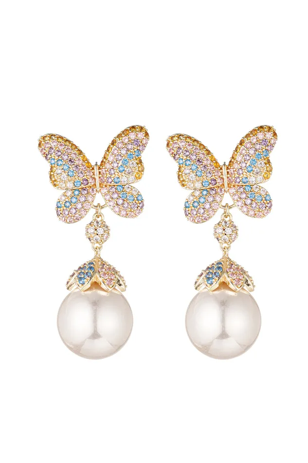 Earrings Eye Candy LA Rainbow Butterfly 18K GoldPlated CZ Drop Earrings