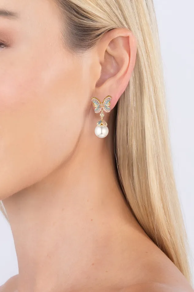 Earrings Eye Candy LA Rainbow Butterfly 18K GoldPlated CZ Drop Earrings
