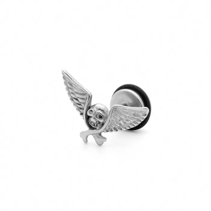 Earrings Glitters Stainless Steel Skull with Wings Fake Plug Earring Silver
